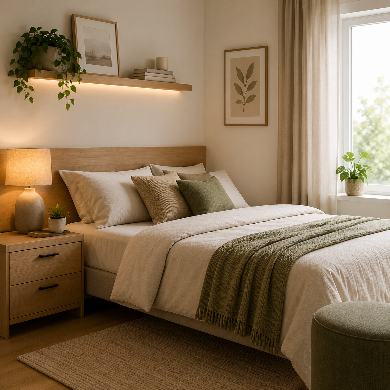 Quarto aconchegante com cama organizada e decoração
