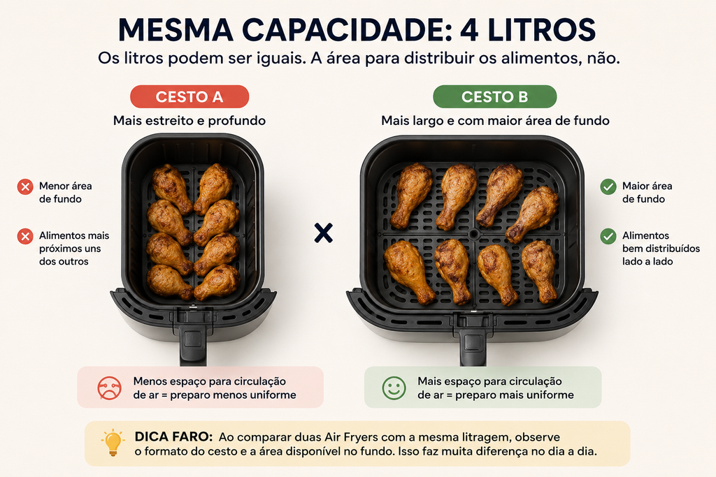 Comparação entre dois cestos de Air Fryer de 4 litros com diferentes áreas úteis para distribuir os alimentos