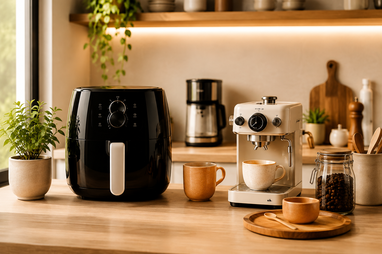 Cozinha com Air Fryer e cafeteira