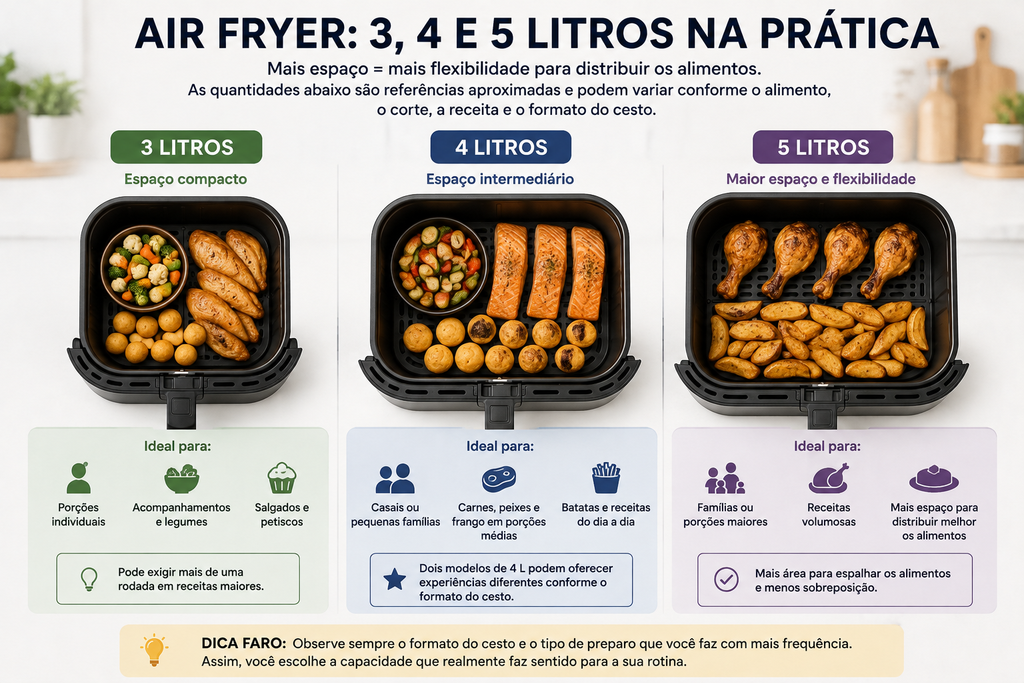 Capacidade da Air Fryer: comparação entre modelos de 3, 4 e 5 litros