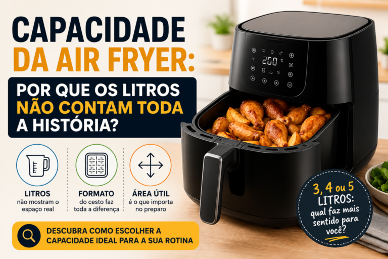 Capacidade da Air Fryer e diferenças entre litragem, formato do cesto e área útil