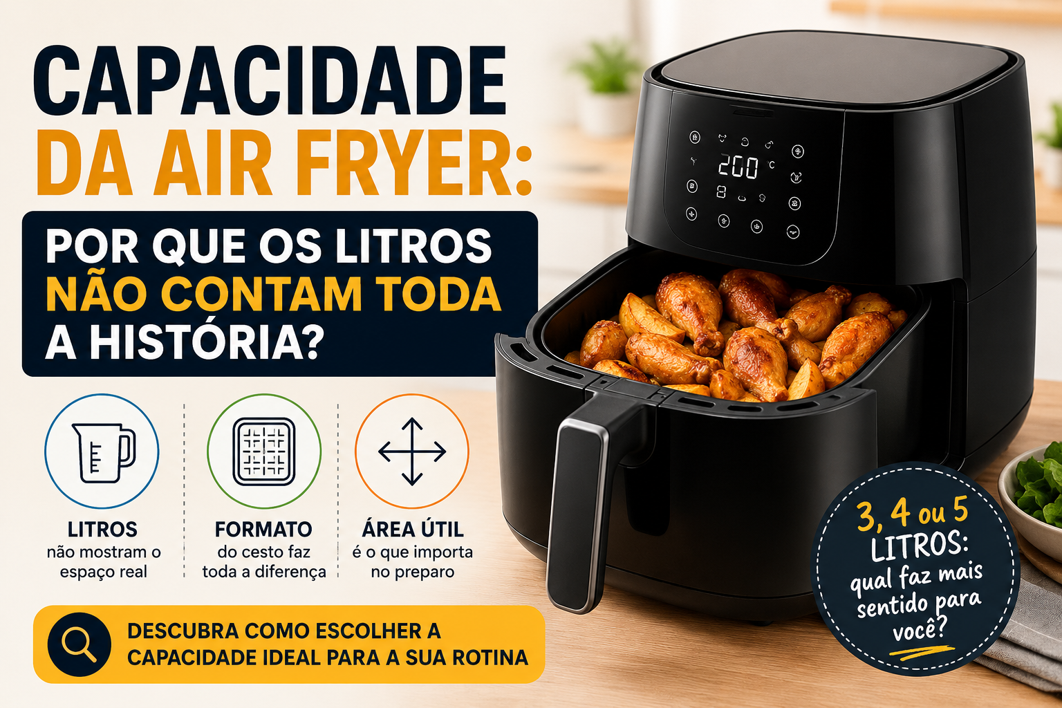 Capacidade da Air Fryer e diferenças entre litragem, formato do cesto e área útil