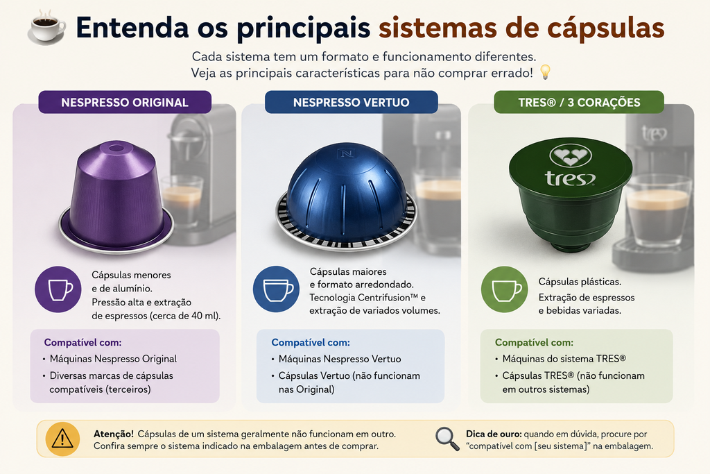 Cápsulas compatíveis com cafeteiras Nespresso Original, Nespresso Vertuo e TRES 3 Corações