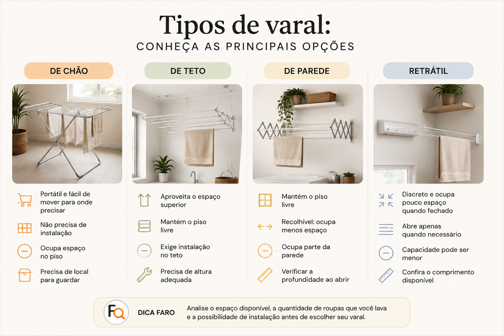 Tipos de varal de chão, teto, parede e retrátil para escolher o modelo ideal