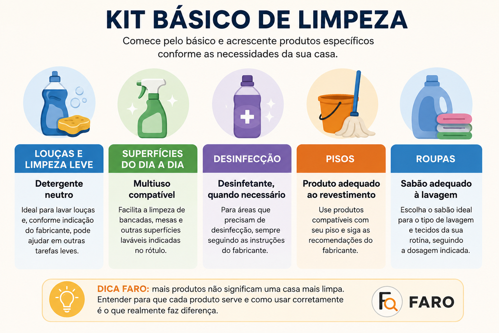 Kit básico de produtos de limpeza essenciais para a rotina da casa