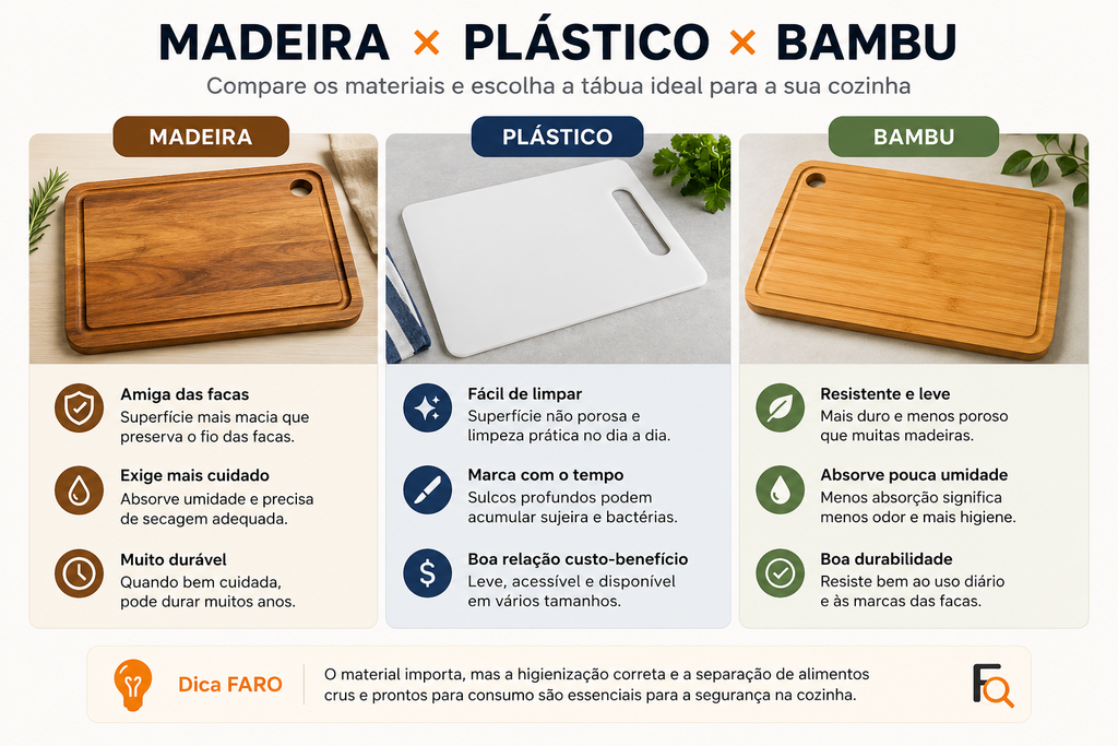 Comparação entre tábua de corte de madeira, plástico e bambu