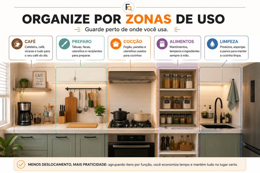 Como organizar uma cozinha pequena dividindo o espaço em zonas de uso