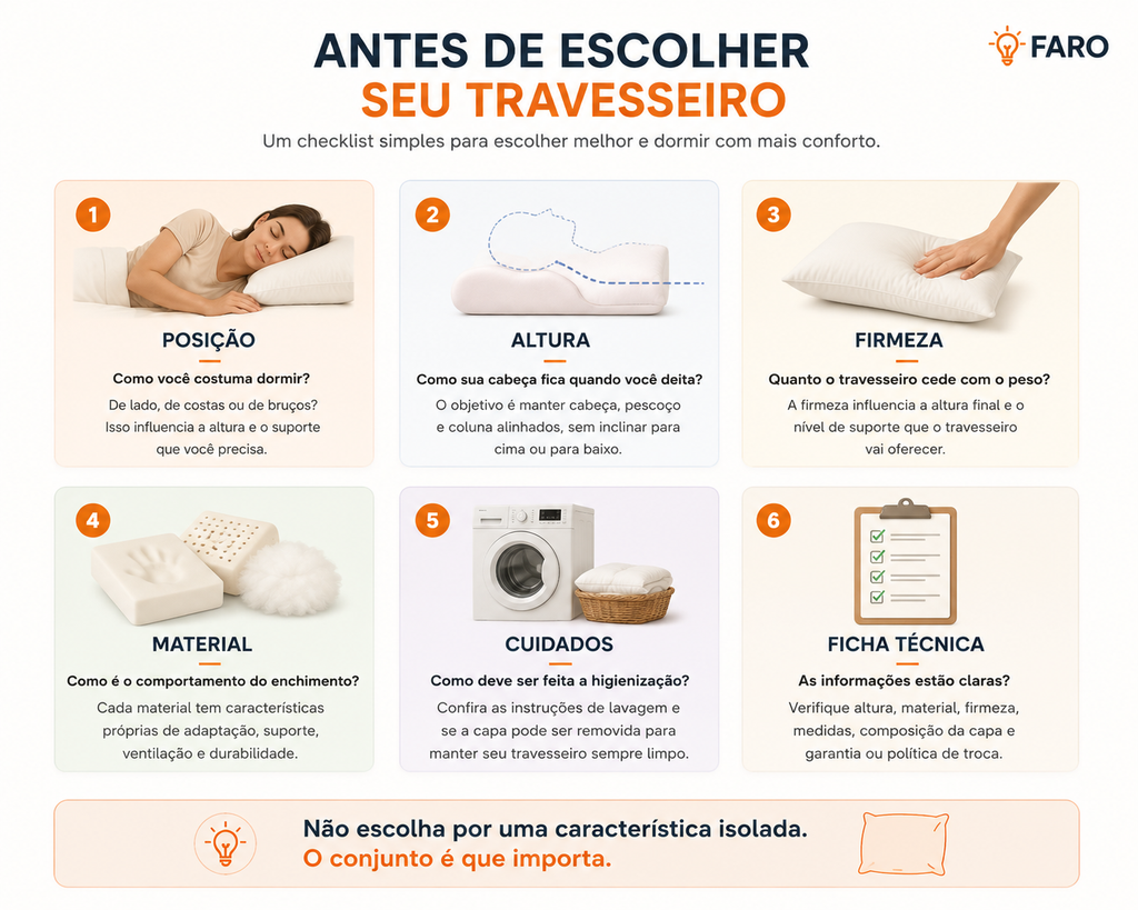 Checklist para escolher travesseiro considerando posição, altura, firmeza e material