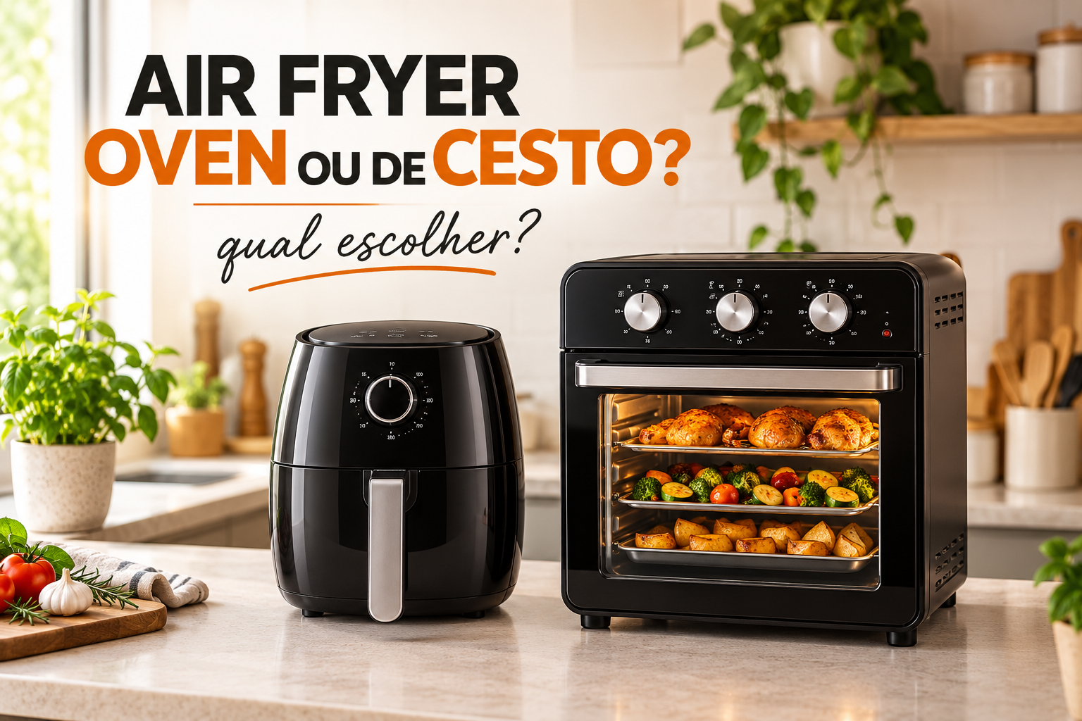 Air Fryer Oven ou de cesto lado a lado para comparação