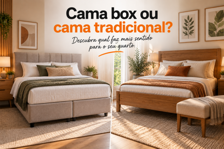 Cama box e cama tradicional em quartos aconchegantes, mostrando as diferenças entre os dois tipos de cama.
