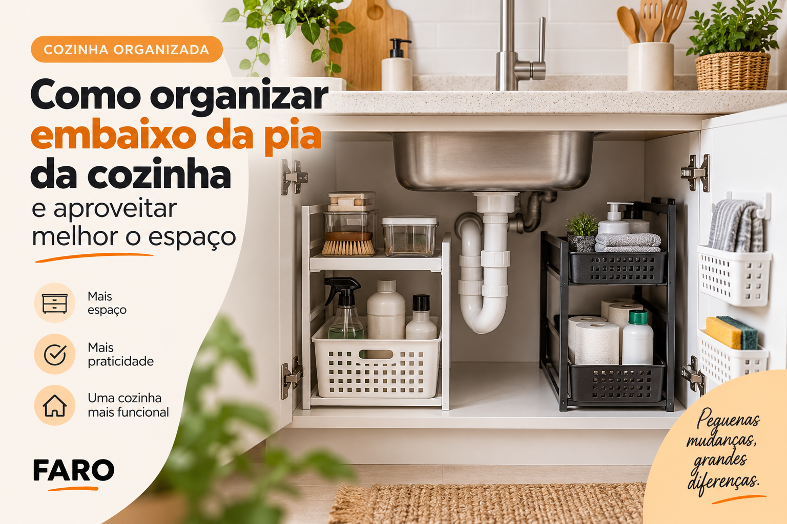 Armário embaixo da pia da cozinha organizado com cestos e prateleiras