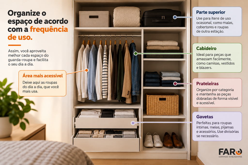 Guarda-roupa pequeno organizado por frequência de uso com roupas, gavetas e prateleiras