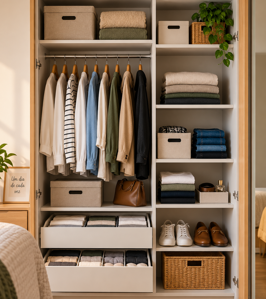 Guarda-roupa pequeno organizado com roupas, prateleiras, gavetas e sapatos