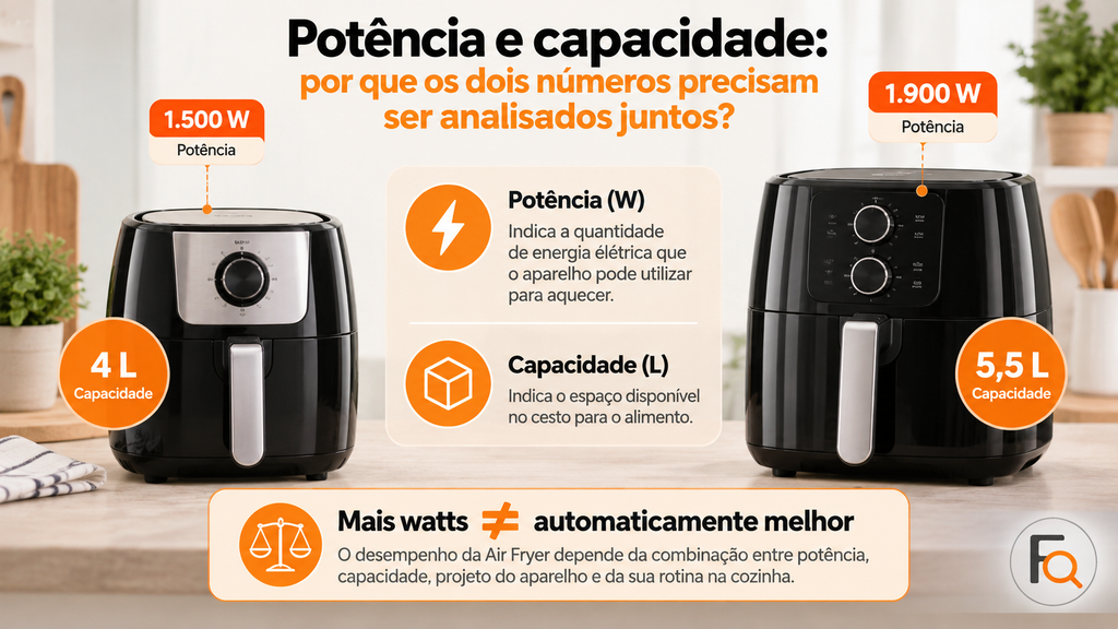 Comparação entre potência e capacidade de Air Fryers de tamanhos diferentes