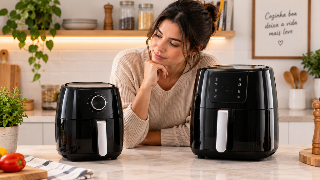 Pessoa comparando Air Fryers de tamanhos diferentes em uma cozinha