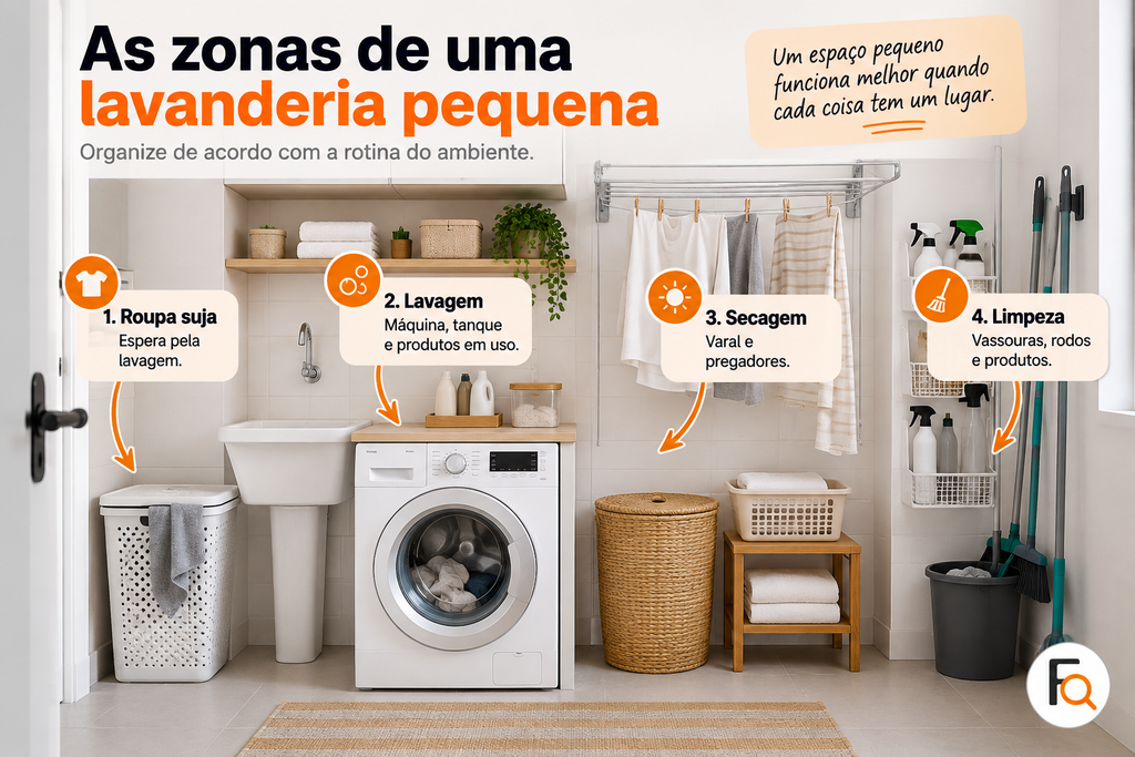 Como organizar lavanderia pequena dividindo o espaço por zonas de uso