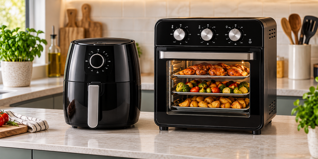Air Fryer Oven e de cesto lado a lado sobre bancada de cozinha