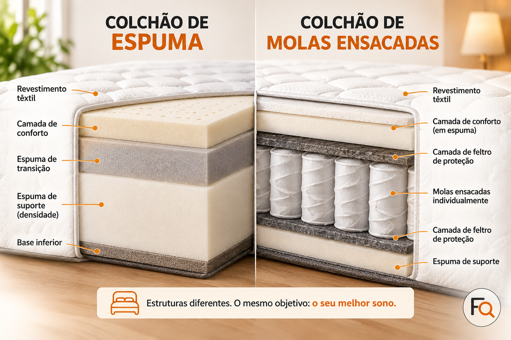 Diferenças na estrutura do colchão de espuma e de molas ensacadas