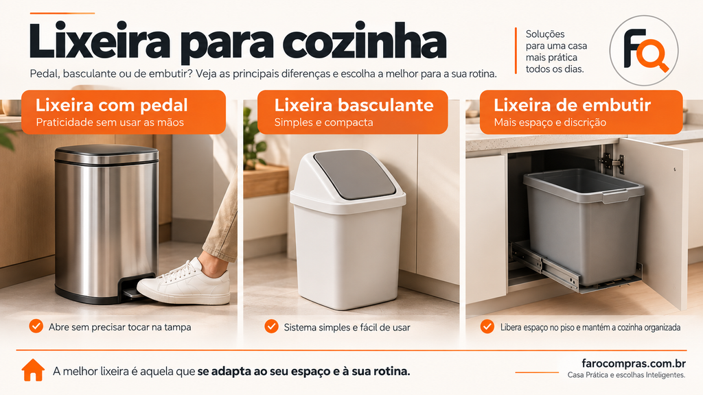 Comparação entre lixeira com pedal, basculante e de embutir para cozinha