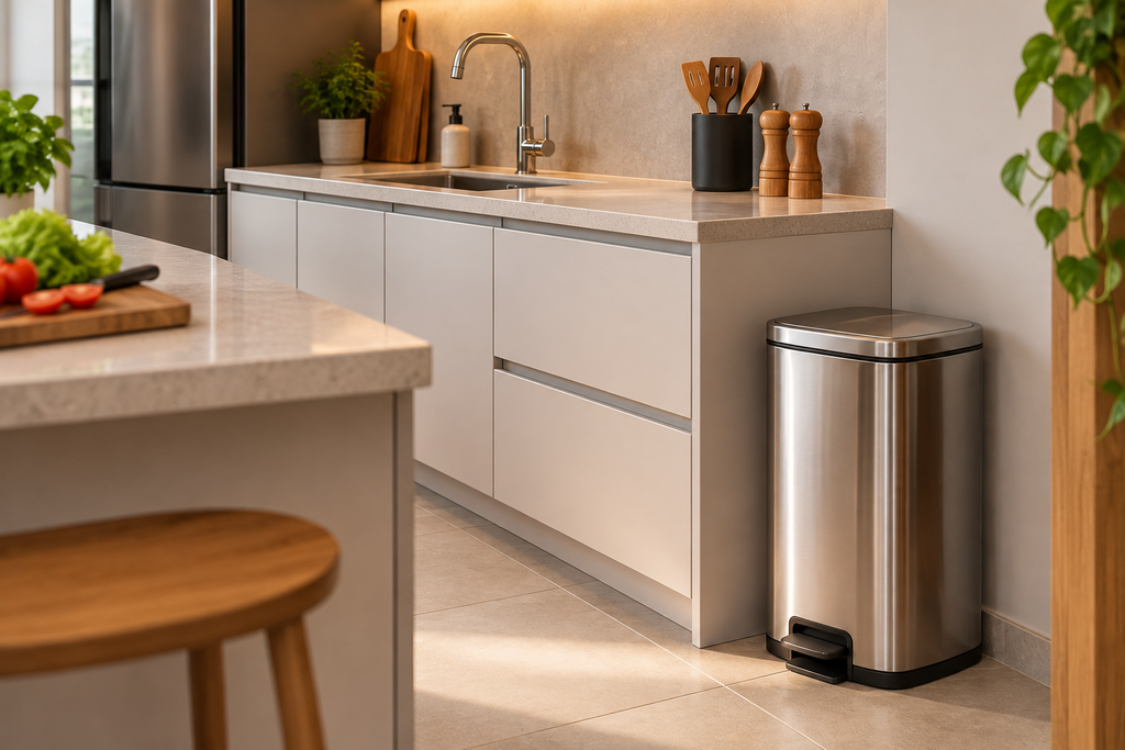 Lixeira com pedal posicionada em cozinha organizada ao lado da bancada