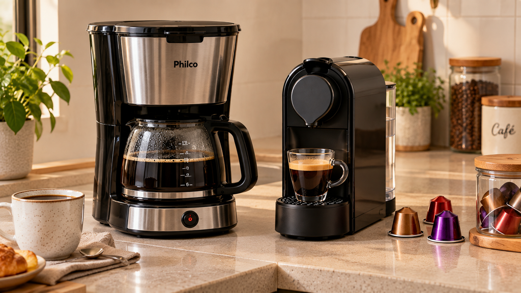 Cafeteira elétrica de filtro e cafeteira de cápsula lado a lado na cozinha