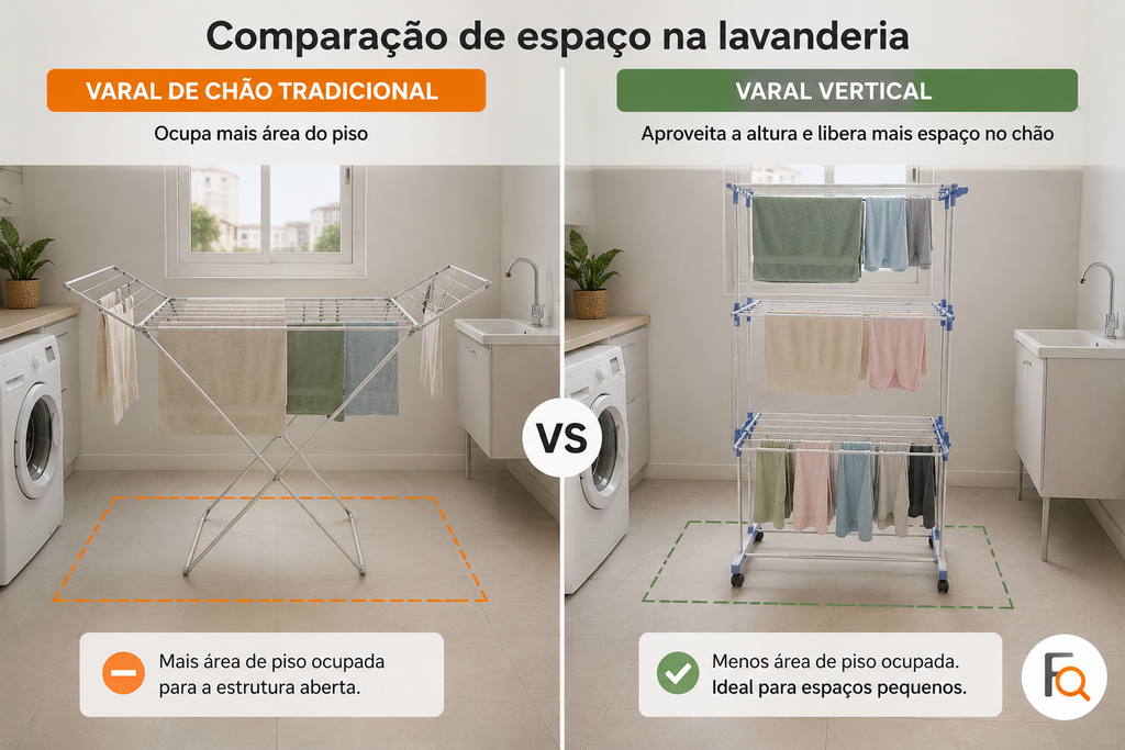 Comparação de espaço entre varal vertical e varal de chão tradicional. Será que varal vertical vale a pena?