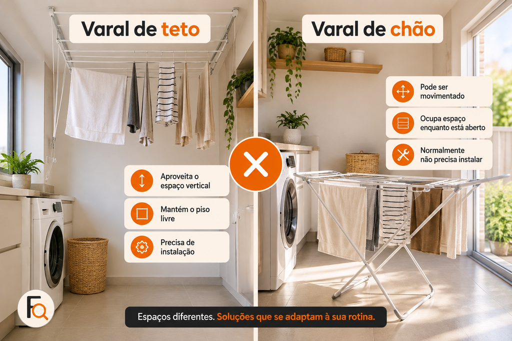 Comparação entre varal de teto e varal de chão em lavanderias, mostrando diferenças de espaço, mobilidade e instalação.