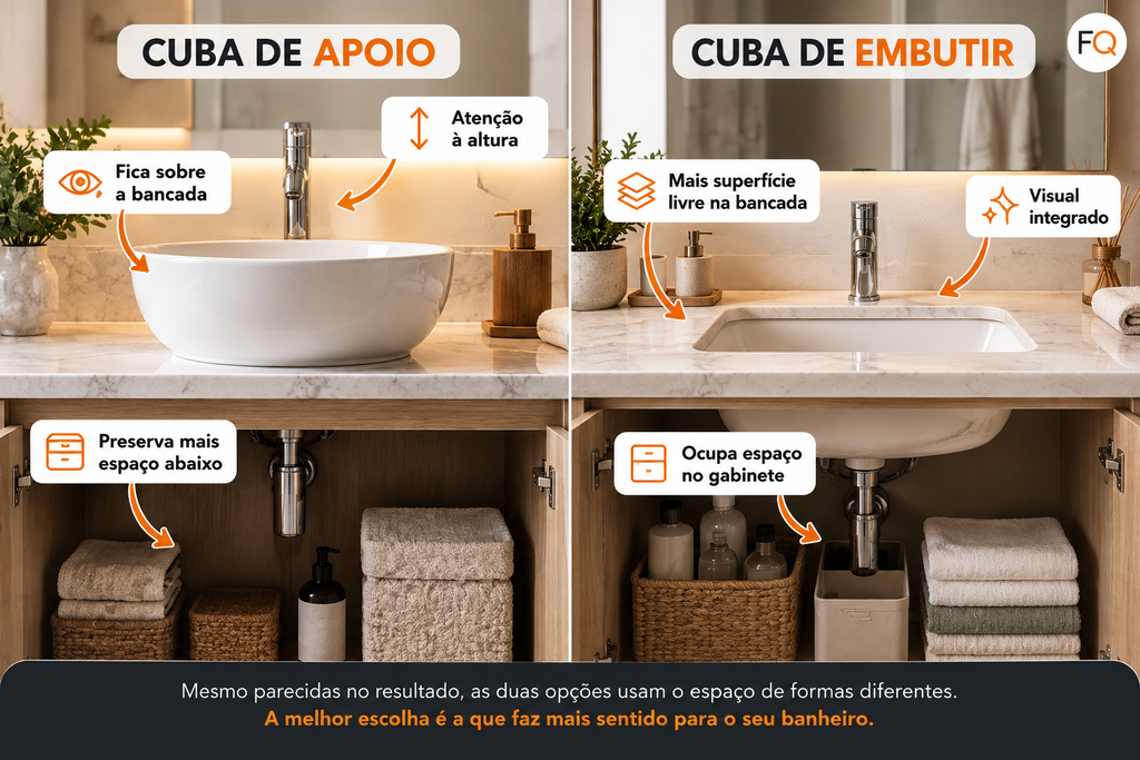 Comparação entre cuba de apoio e cuba de embutir, mostrando diferenças no uso da bancada e do espaço interno do gabinete.