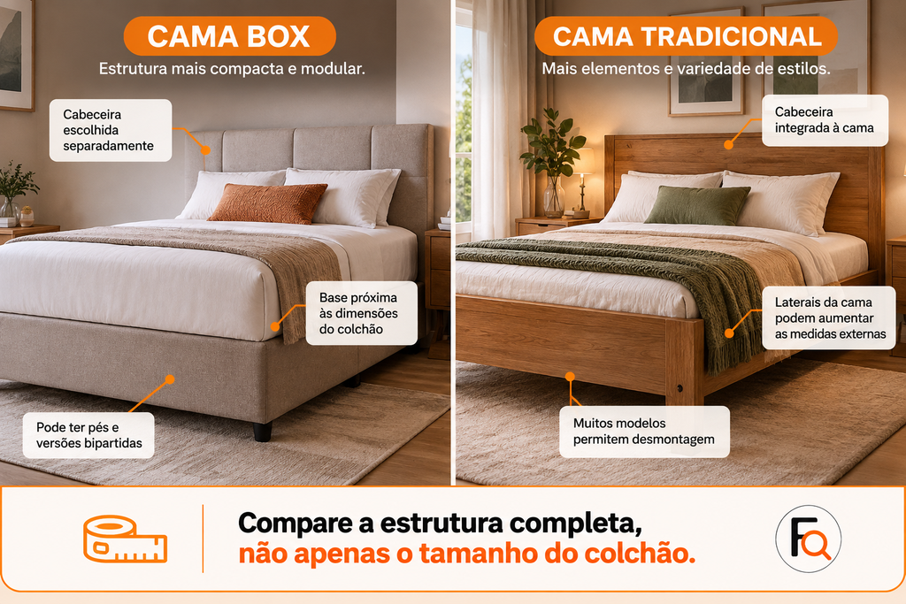 Comparação entre cama box e cama tradicional, destacando diferenças na estrutura, cabeceira e dimensões externas.