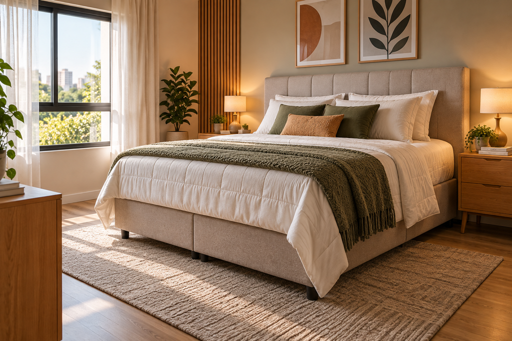 Quarto aconchegante com cama box, cabeceira estofada e espaço de circulação ao redor da cama.