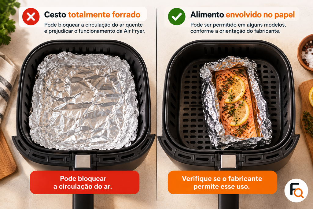 Comparação entre cesto de Air Fryer totalmente forrado com papel alumínio e alimento envolvido no papel, destacando os cuidados com a circulação do ar.