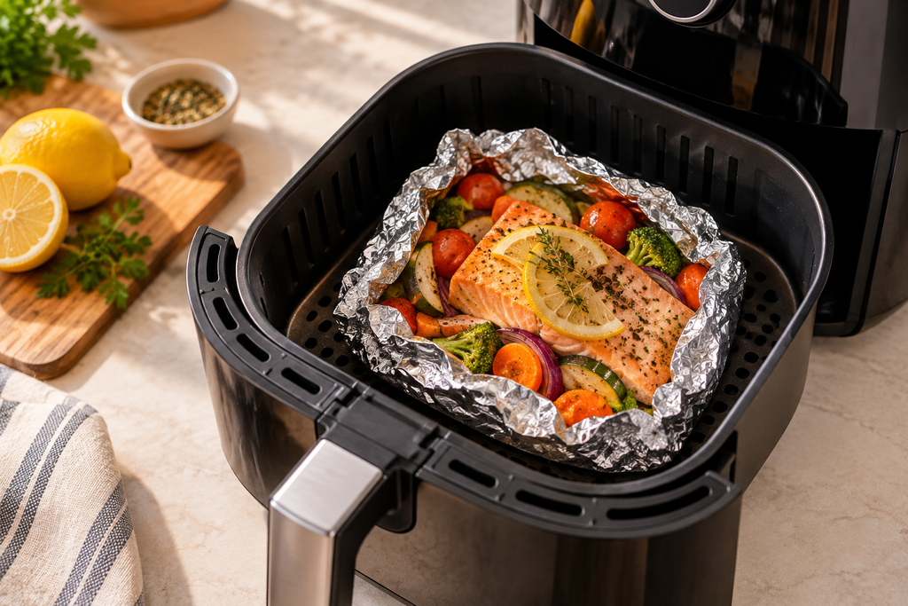 Filé de salmão com legumes em papel alumínio dentro do cesto de uma Air Fryer, com as aberturas de circulação de ar visíveis.
