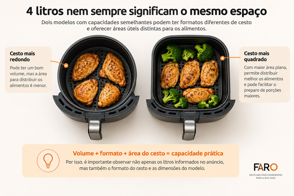 Comparação do espaço interno de Air Fryers com capacidades semelhantes