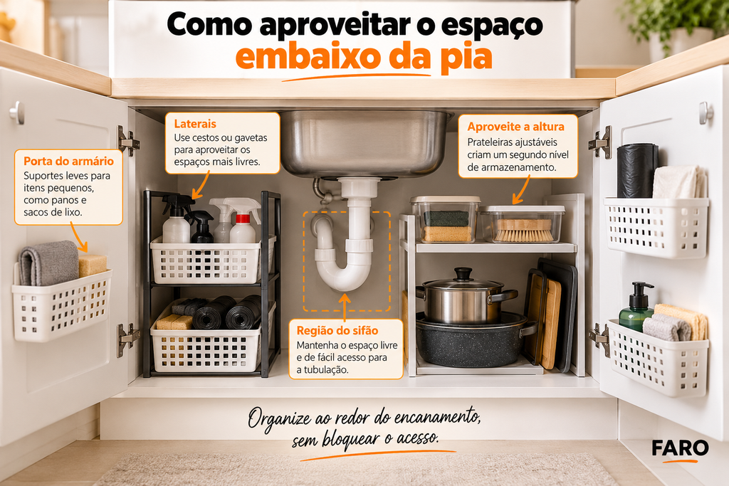 Como organizar o espaço embaixo da pia ao redor do sifão