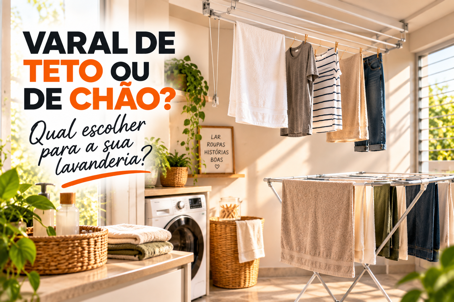 Varal de teto e varal de chão em uma lavanderia clara e organizada.